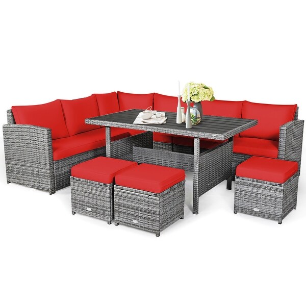 Costway 7 Pcs Patio Rattan Dining Set Sectional Sofa Couch Ottoman